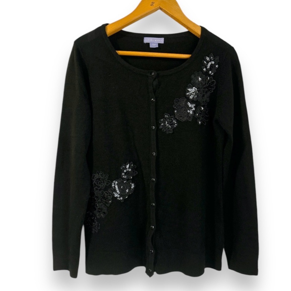 Laura Scott Black Knit Cardigan Floral Sequin Appliqué Women’s Size Small Girly